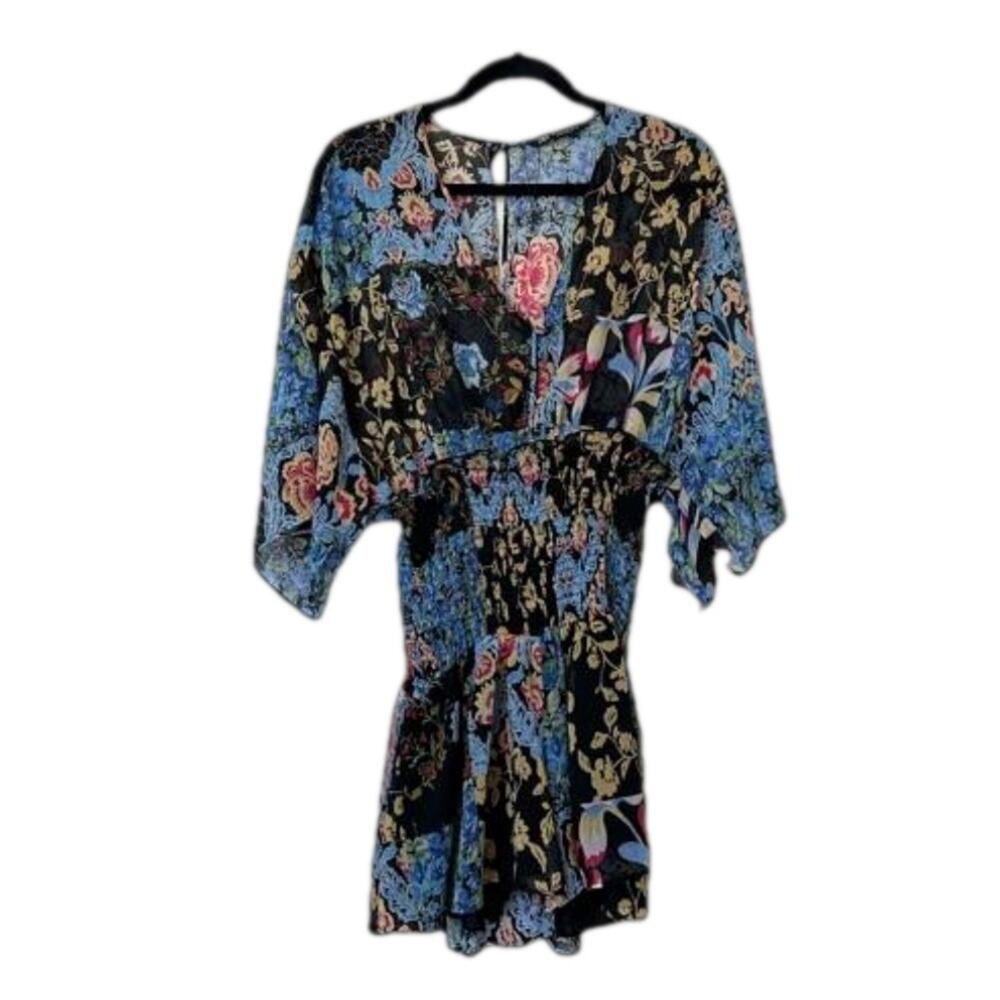 Zara Patchwork Floral Print Multicolor Romper Semi Sheer Smocked Waist Sz M